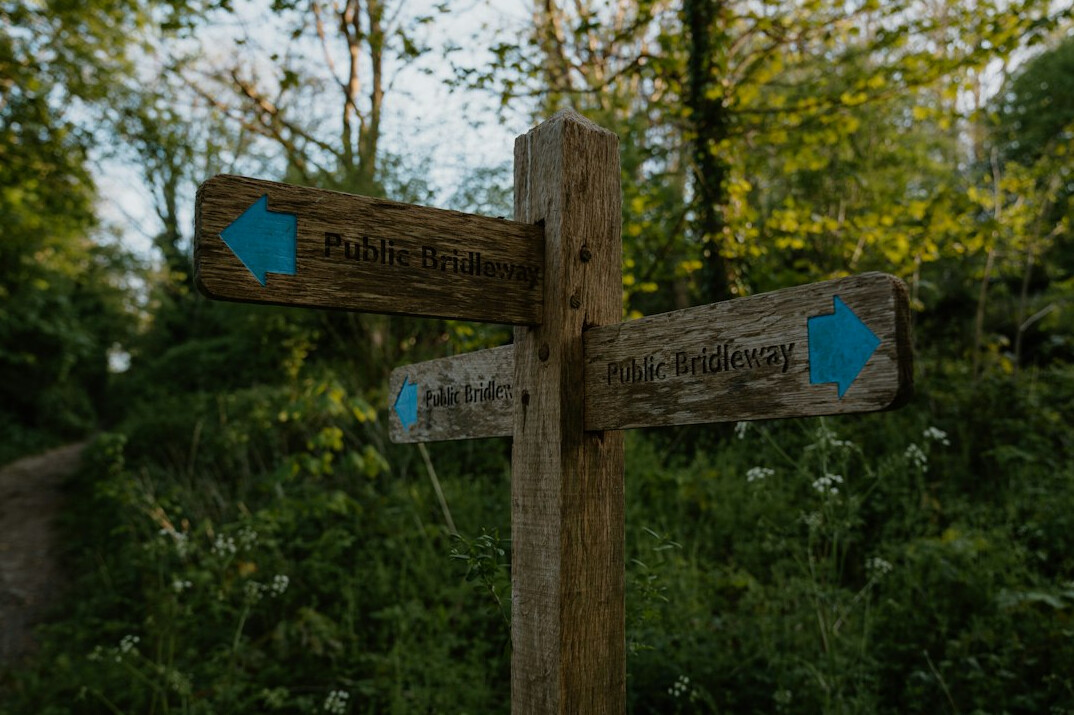 Wooden signpost with two directions in a park